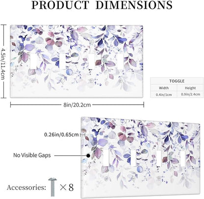 Purple Eucalyptus Watercolor Floral Rustic Leaf Light Switch Covers Quad Toggle Electrical Faceplate 4 Gang Wall Plate Decorative Switch Plates for Farmhouse Home Decor