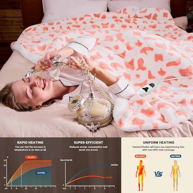 Cow Print Electric Heated Blanket Queen Size,84X90 Pink Heating Blanket Queen with Dual Control&Timer&10 Heat Levels,Cute Cow Decor Sherpa Blankets Warmer Gifts for Bed Women Adults