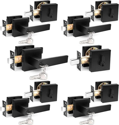 Probrico Heavy Duty Square Entry Levers and Single Cylinder Deadbolts Combo Pack, Flat Black Keyed Alike Entry Door Locksets for Office Bedroom and Front Door, 5 Pack(All Same Keys)