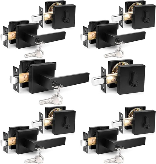 Probrico Heavy Duty Square Entry Levers and Single Cylinder Deadbolts Combo Pack, Flat Black Keyed Alike Entry Door Locksets for Office Bedroom and Front Door, 5 Pack(All Same Keys)