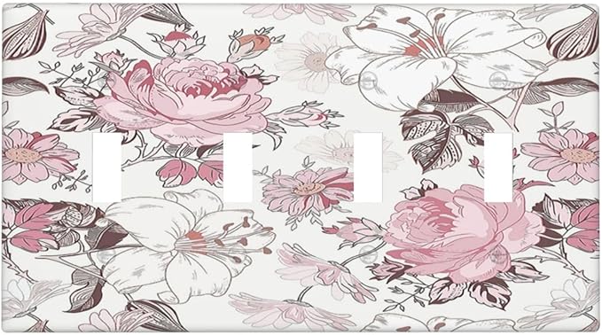 Light Switch Covers Modern Watercolor Flower Pink White Wildflower Quad Toggle 4 Gang Wall Plate Electrical Faceplate Decorative Switch Plates for Bedroom Home Decor