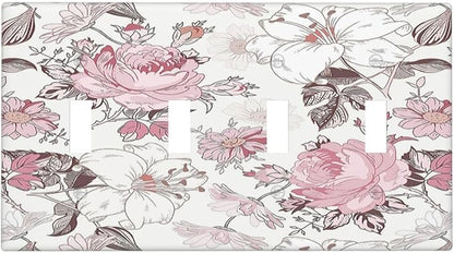 Light Switch Covers Modern Watercolor Flower Pink White Wildflower Quad Toggle 4 Gang Wall Plate Electrical Faceplate Decorative Switch Plates for Bedroom Home Decor