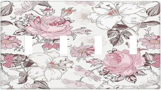 Light Switch Covers Modern Watercolor Flower Pink White Wildflower Quad Toggle 4 Gang Wall Plate Electrical Faceplate Decorative Switch Plates for Bedroom Home Decor