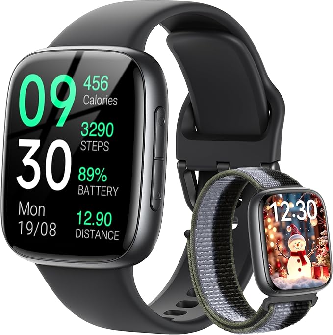 Fitpolo Smart Watch, 1.85" AMOLED Fitness Tracker with Bluetooth Call, Heart Rate/Sleep/SPO₂ Monitor, 100+ Sports Modes, 3ATM Waterproof Smartwatch for Android/iPhone/Samsung, Includes 2 Bands