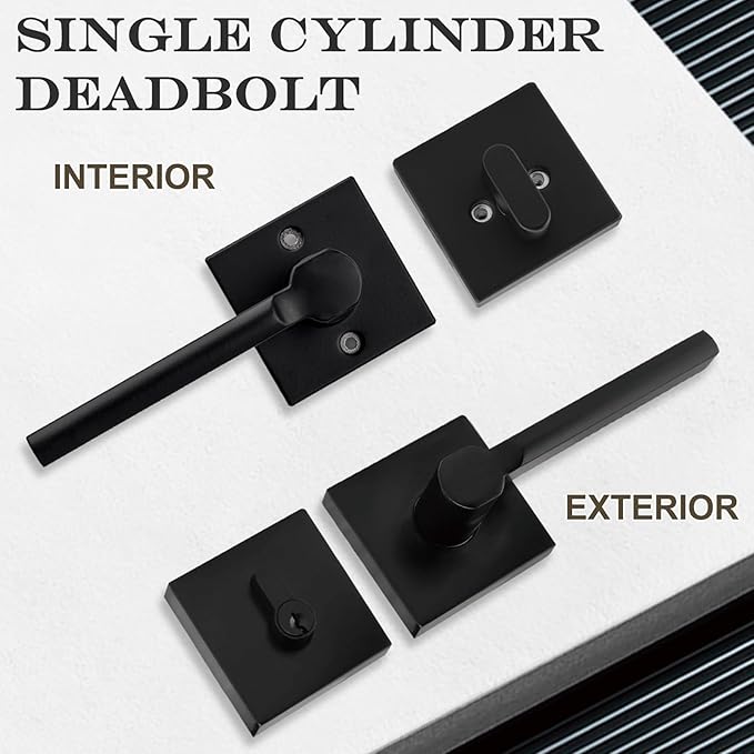 15 Sets Passage Door Lever and Single Cylinder Deadbolt Lock Set, Heavy Duty Square Handle for Entrance and Front Door, Matte Black, Different Keys