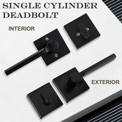 4 Sets Passage Door Lever and Single Cylinder Deadbolt Lock Set, Heavy Duty Square Handle for Entrance and Front Door, Matte Black, Different Keys
