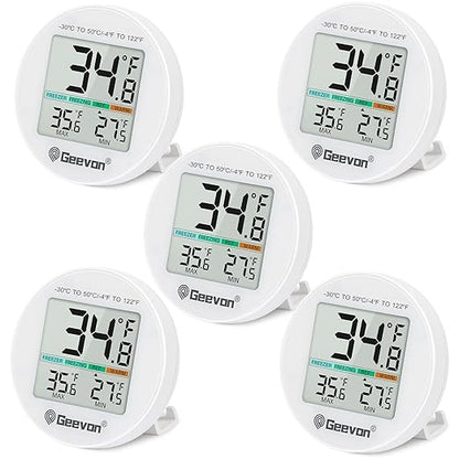 Geevon Small Digital Refrigerator Thermometer 5 Pack, IP65 Waterproof Commercial and Home Use, Max/Min Record Function with LCD Screen, Stand and Magnetic Back, for Fridge, Freezer Scenarios