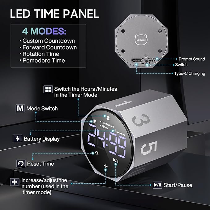 MIAOKE Pomodoro Timer-Aluminum Alloy Frosted Metal LED Large Screen Digital Automatically Rotated Display, Focus Efficient Management on Work and Study,Office,Living Room-Gray