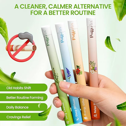 PUFFIAIR Balanced Routine Quad Herbal Diffuser Pen Set | Energy Relax Calm Blends | Green Brown Orange Blue | 4 Count