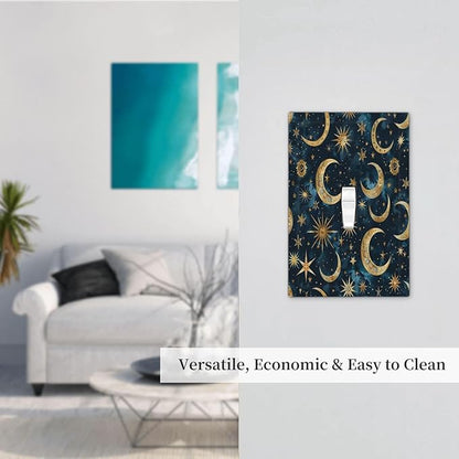 Decorative Light Switch Cover Modern Abstract Sky Blue Gold Moon Sun Star 1 Gang Single Toggle Device Electrical Faceplate Switchplates Decorator Outlet Wall Plate for Bedroom Kids room Decor