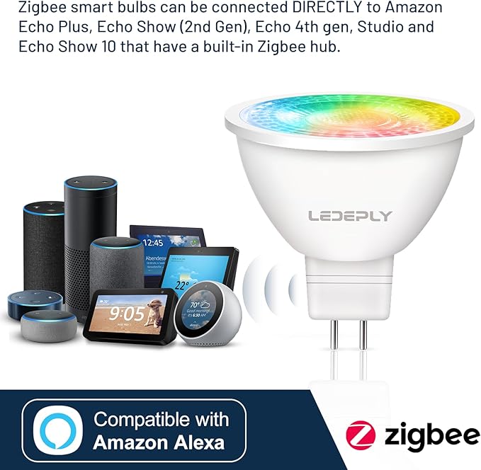 Zigbee MR16 LED Smart Bulb, Hub Required, Compatible with Phi*Lip*s Hu*e*, Alexa, Google, & ConBee, 5W =50W, GU5.3, Dimmable, AC/DC 12V, Color Changing & Tunable White, 2-Pack