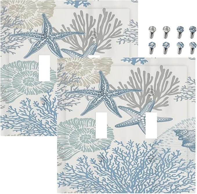 Decorative Light Switch Plate Covers Blue Starfish Coral Seaweed 2 Gang Light Switch Cover Plate Double Toggle Wall Plate Outlet Covers for Bathroom Bedroom Decor （2 Pack）