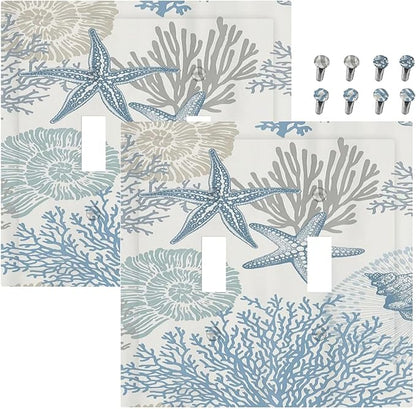 Decorative Light Switch Plate Covers Blue Starfish Coral Seaweed 2 Gang Light Switch Cover Plate Double Toggle Wall Plate Outlet Covers for Bathroom Bedroom Decor （2 Pack）