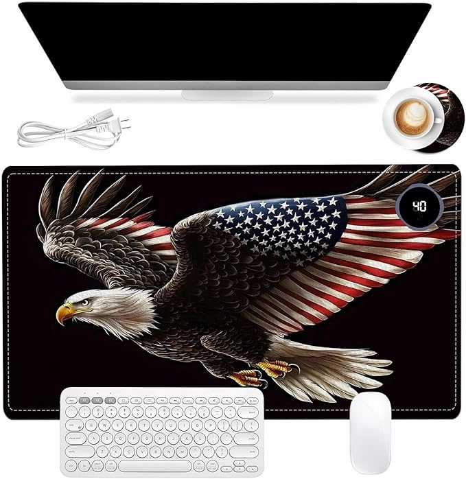 Heated Mouse Pad, Warm Desk Pad, Keyboard Mat 23.6 x 14 Inch Large Size Intelligent Fast Heating, 3 Speed Adjustable, Timed Auto Power Off for Game Office Home, Soaring American Flag Eagle