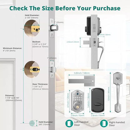 DS10 Keyless Entry Door Lock with Handle Set - Fingerprint Door Locks, Electronic Keypad Deadbolt, Smart Locks for Front Door, Auto-Lock & One Touch Locking, Easy Installation - Satin Nickel