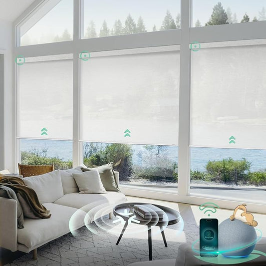 Yoolax Smart Blinds, Motorized Matter Solar Shades Flame Resistat Automatic Blinds for Windows Motorized Shades Compatible with Alexa, Google Home, Homekit(Solar-3% Openness Milky White)