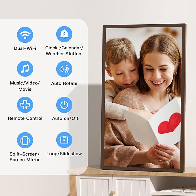 Large Digital Picture Frame 32-Inch-WiFi-Photo-Frame - FHD IPS Digital Frame, Remote Control, Auto-Rotate, Load Photo Video from Phone via APP Email, Free Cloud Storage, Dark Wood Grain, Gifts for Mom