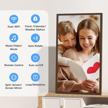 Large Digital Picture Frame 32-Inch-WiFi-Photo-Frame - FHD IPS Digital Frame, Remote Control, Auto-Rotate, Load Photo Video from Phone via APP Email, Free Cloud Storage, Dark Wood Grain, Gifts for Mom