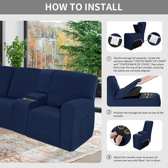 Easy-Going 100% Waterproof Recliner Console Cover, Stretch Middle Console Couch Covers for Reclining Sofas, Sectional L-Shape Furniture Protector for Kids & Pets, 1 Console Cover, Navy