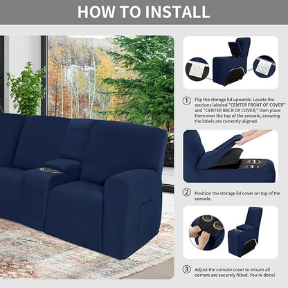 Easy-Going 100% Waterproof Recliner Console Cover, Stretch Middle Console Couch Covers for Reclining Sofas, Sectional L-Shape Furniture Protector for Kids & Pets, 1 Console Cover, Navy