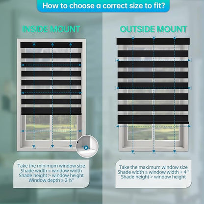Motorized Zebra Blinds, Solar Powered Dual Layer Automatic Shades with Remote Control, Rechargeable Smart Blinds Horizontal Wireless Electric Shades for Windows, Custom Size, Black， 33 x 72