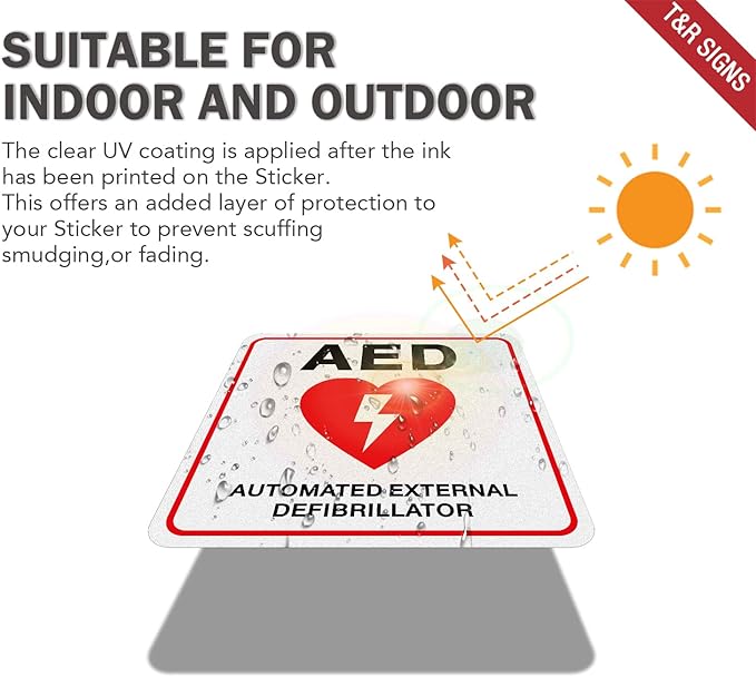 T&R AED Stickers - 10 Pack - 5 x 5 Inches Reflective Label, UV resistant, waterproof, fade and scratch resistant, suitable for indoor and outdoor