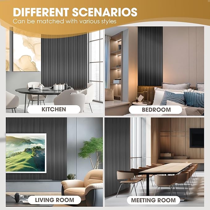OUZUGIE WPC Acoustic Slat Wall Paneling, 8-Pack 96 x 6 Inches 3D Wall Panels for Interior Wall Decor,Living Room,TV Background,Study Room,Non-Metal Laths,High Grille (Metallic Dark Gray)