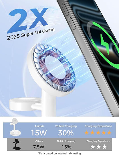2025 3 in 1 Wireless Charging Station Compatible with MagSafe, 15W Fast Magnetic Mag-Safe Charger Stand for Apple iPhone 17 16 15 14 13 12 Series iWatch AirPods Pro 4 3 2, White