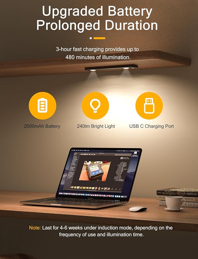 Under Cabinet Lights, Wireless Motion Sensor Light Indoor, Black 10in LED warm Lighting Rechargeable Battery Operated,4 Modes Night Light, Stick-On Magnetic Closet Lights for Kitchen, Hallway(2 Pack)