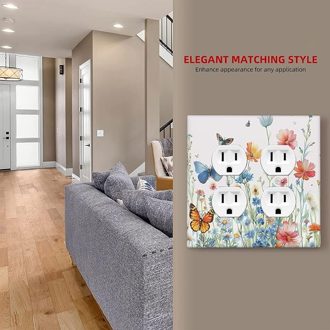 Decorative Outlet Covers Rustic Wildflower Blue Pink Floral Butterfly 2 Gang Light Switch Cover Plate Double Duplex Wall Plates for Electrical Outlets Switch Plate Covers for Home Decor