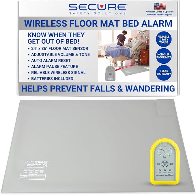Secure Wireless Floor Mat Sensor Bed Alarm for Elderly Adults - 24"x36" Floor Sensor & Remote Alert Monitor - Bed Alarms and Fall Prevention for Elderly Dementia Patients, Caregiver Alert Seniors