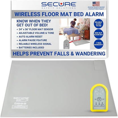 Secure Wireless Floor Mat Sensor Bed Alarm for Elderly Adults - 24"x36" Floor Sensor & Remote Alert Monitor - Bed Alarms and Fall Prevention for Elderly Dementia Patients, Caregiver Alert Seniors