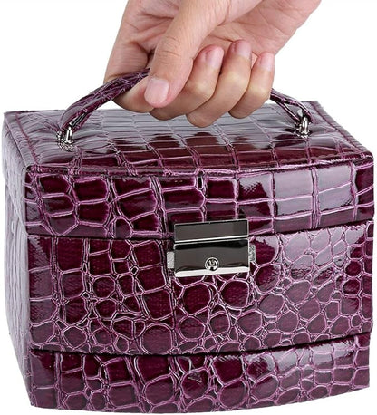 Portable Jewelry Box Organizer, Multi Layer Storage Case for Rings Earrings Necklaces, Purple PU Leather Jewelry Organizer with Mirror, 3 Drawers Travel Jewelry Box for Women Girls