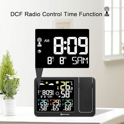 KETOTEK Digital Projection Alarm Clock for Bedroom Ceiling Wall VA LCD Display Radio Controlled Weather Station Indoor Outdoor Temperature Humidity Monitor with 3 Remote Sensors