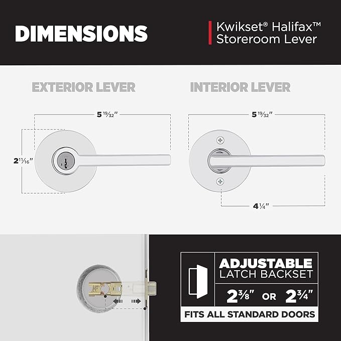 Kwikset Halifax Keyed Storeroom Entry Door Handle with Lock and Key, Secure Keyed Reversible Lever Exterior, for Front Entrance and Bedrooms, Polished Chrome, Pick Resistant Smartkey Rekey Security