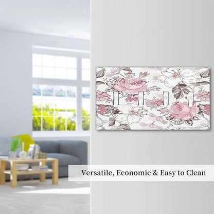 Light Switch Covers Modern Watercolor Flower Pink White Wildflower Quad Toggle 4 Gang Wall Plate Electrical Faceplate Decorative Switch Plates for Bedroom Home Decor