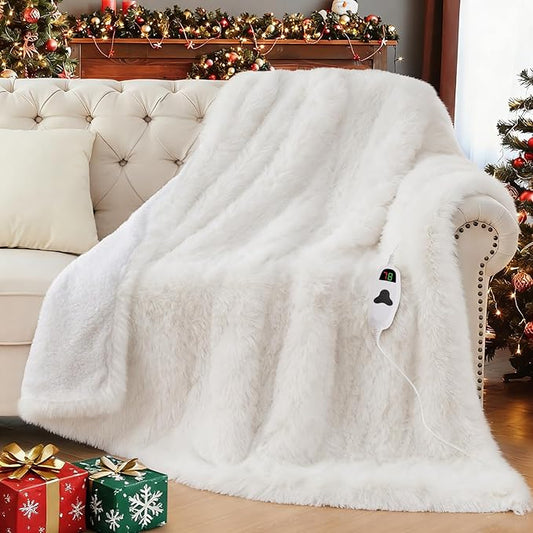Heated Electric Blanket Throw–Faux Fur with Soft Thick Sherpa,Warm Winter Birthday Gifts for Women Grandma,10 Heat Settings,5 Time Settings with Fast Heating, 50x60, Snow Cloud