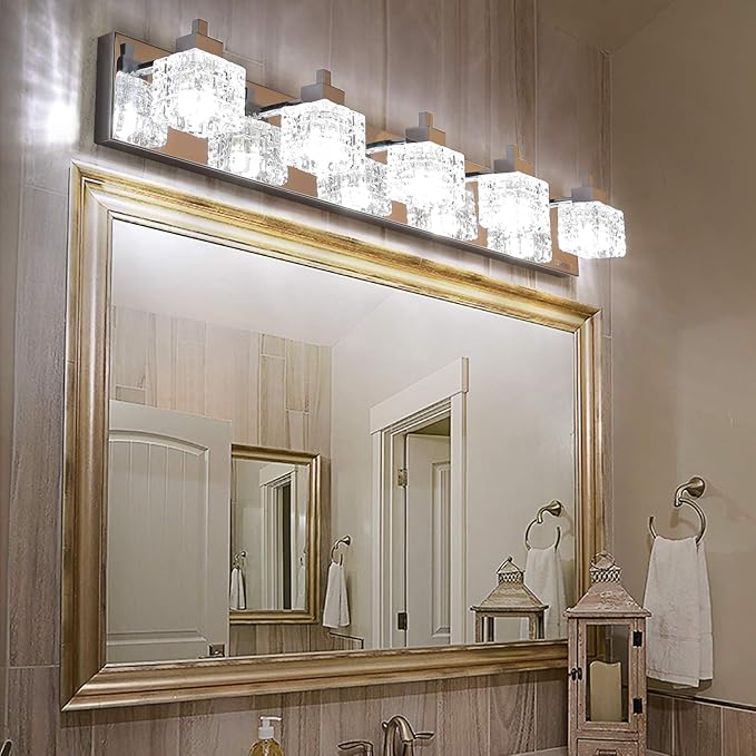 TRLIFE Bathroom Light Fixture, Modern Bathroom Lights Over Mirror 5-Lights Vanity Light, 32inches Crystal Glass Vanity Lights