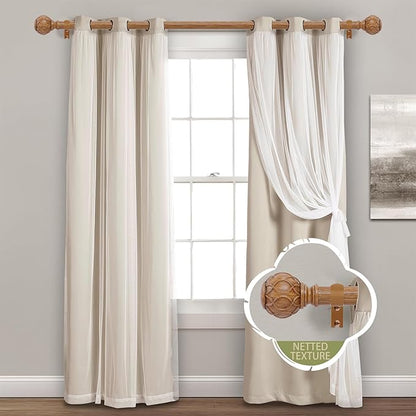 2 Pack Wood Curtain Rods for Windows 48 to 84 Inch(4-7ft),1 Inch Adjustable Curtain Rod,Heavy Duty Curtain Rods,Wooden Netted Texture Drapery Rods,Single Window Curtain Rod 36-88",Brown Wood