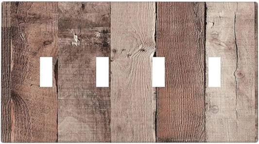 Light Switch Covers Retro Wood Brown Farmhouse Barn Wooden Quad Toggle Electrical Faceplate 4 Gang Wall Plate Decorative Switch Plates for Farmhouse Cabin Decor