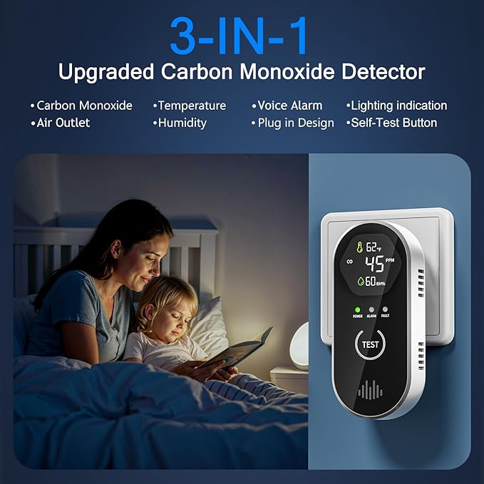 3-in-1 Carbon Monoxide Detectors with Temp & Humid, Plug in, 85dB Audible & Visual CO Alarm, LCD Digital Display, Easy to Install,Test Button, Portable for Bedroom/Office/Camper, Gives Peace of Mind