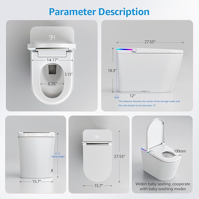 Smart Toilet with Bidet Built In, Heated Seat, Warm Water Wash & Dryer, Tankless Bidet Toilet with Foot Sensor & Night Light, Auto Open/Close Lid & Flush, Wireless Remote, 1.26GPF Water-Saving Design