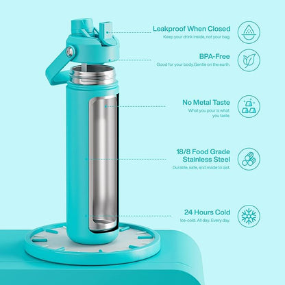 ENCOOL Insulated Water Bottle with Straw Stainless Steel Water Bottle, Leak-Proof, BPA-Free, Double Wall Vacuum Keeps Cold for 24 Hours for Sports, Travel, School (26 oz, Aquamarine Blue)
