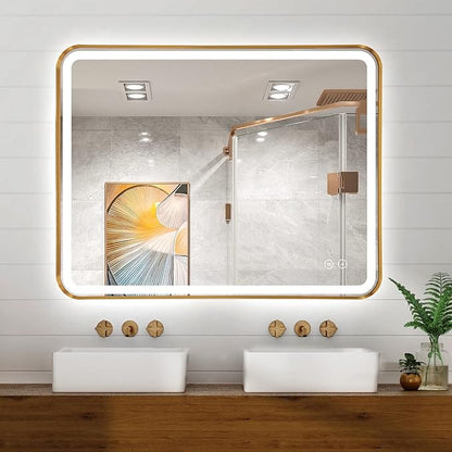Niccy LED Bathroom Mirror, 32"x20" Rectangle Wall Mounted Vanity Mirrors with Metal Frame, Anti Fog Dimmable Smart Mirror for Bathroom/Bedroom/Livingroom/Entryway, (Horizontal or Vertical),Gold