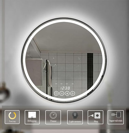 24 Inch Wall-Mounted Round Bathroom Mirror with LED-Lights - Frame Vanity Mirrors (24" x 24", Black)