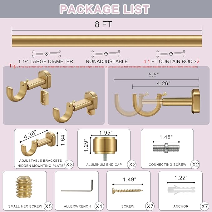 Heavy Duty Curtain Rods,1 1/4" Large Diameter Premium Nonadjustable Curtain Rod,96in/8ft Custom Window Treatment Rods with Durable Aluminum Brackets and End Caps,Gold Finish