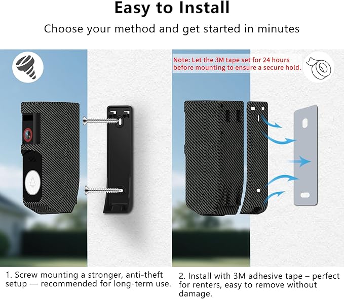 Video Doorbell Camera Wireless with Charm, HD Camera, Real-Time Alerts Ring Call, Pan Rotate, AI Detection, Power Battery, Home Security Apartment Camara para Puerta, 2.4G WiFi, Carbon Fiber
