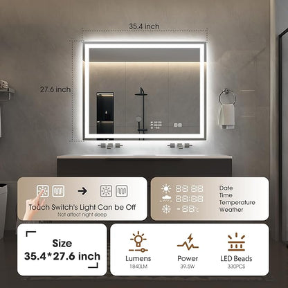 STARLEAD 28"x36" LED-Bathroom-Mirror-with-Lights, Wall-Mounted with Clock, Anti-Fog, 3 Color Temperature, Dimmable Brightness, Waterproof, Tempered Glass, Frontlit & Backlit