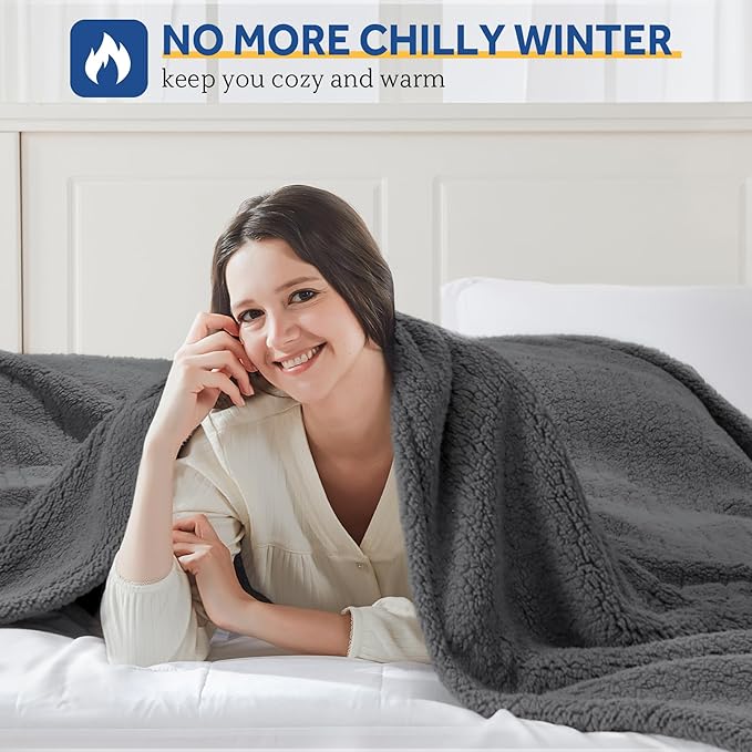 SEALY Electric Blanket Twin Size, Soft Sherpa Heated Blanket Single Control with 10 Heating Levels & 1 to 12 Hours Auto-Off Settings Over-Heated Protection 62"x84" Machine Washable, Dark Grey