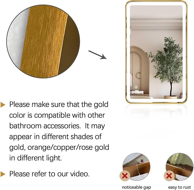 40"x24" Lighted Vanity Mirror with Lights, Gold Metal Frame Led Mirror for Bathroom, Anti-Fog Wall Mirror with Front and Backlit, Shatterproof, 3 Colors Stepless Dimmable, Horizontal/Vertical